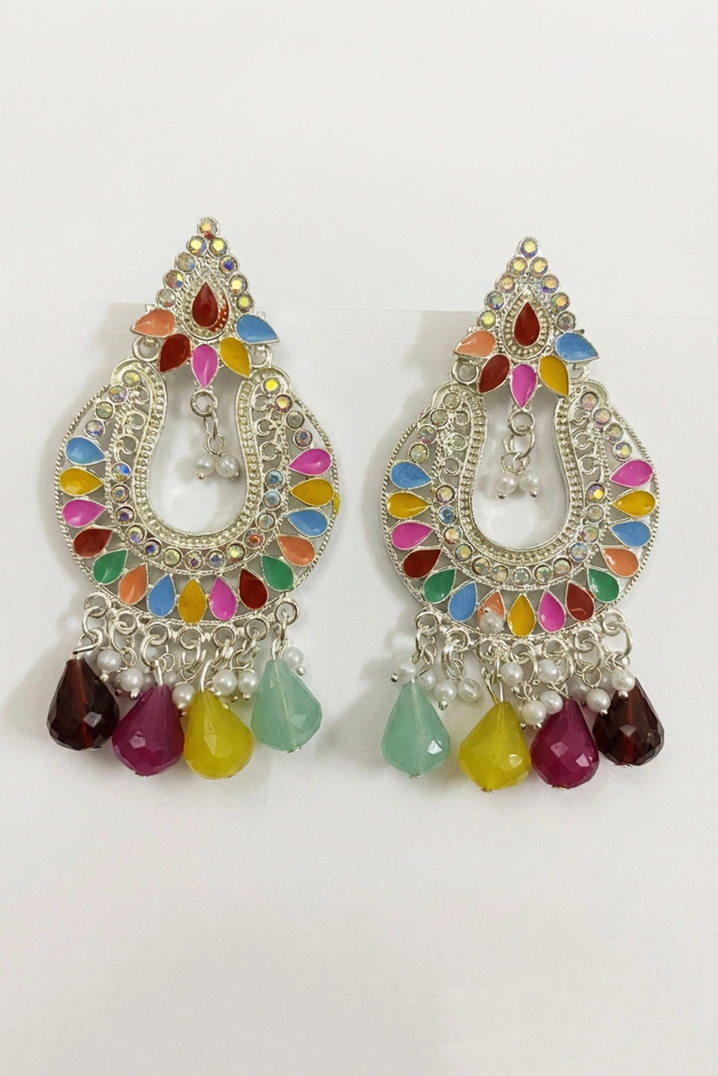 Multi Color Teardrop Stud Dangle Earrings with Beads & Stones, Sparkly Fashion Jewellery for Women