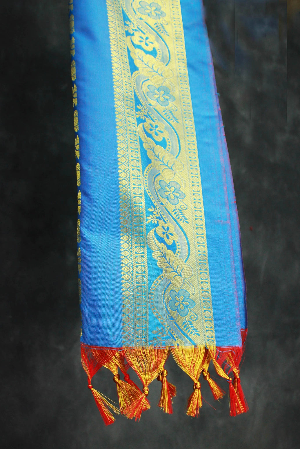 Blue Zari Pattu Shawl (Ponnadai) for Arangetram and Events, Traditional Silk-Style Tassels