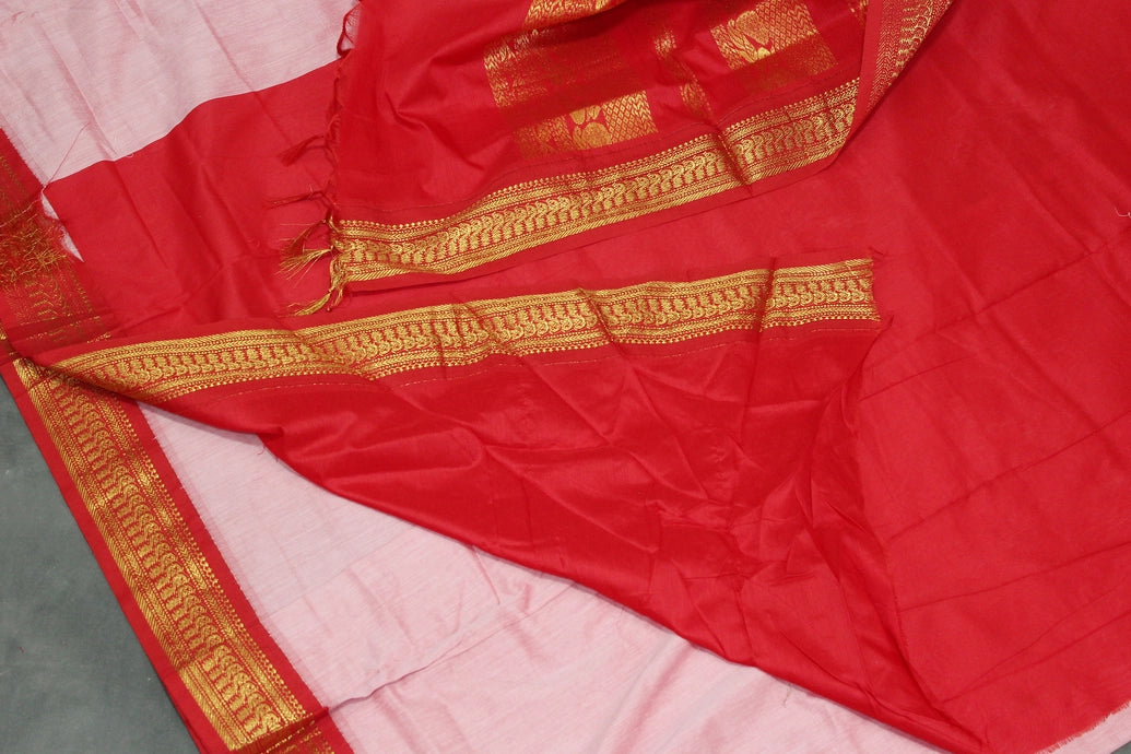 Pink Silk Cotton Saree with Thick Golden Zari Border, Full-Body Buttas and Grand Pallu Saree JCS Fashions
