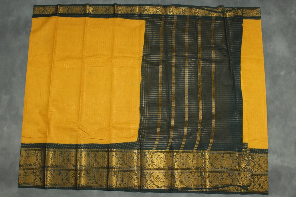 Mustard Yellow Sungudi Cotton Saree with Peacock Gold Zari Double Border