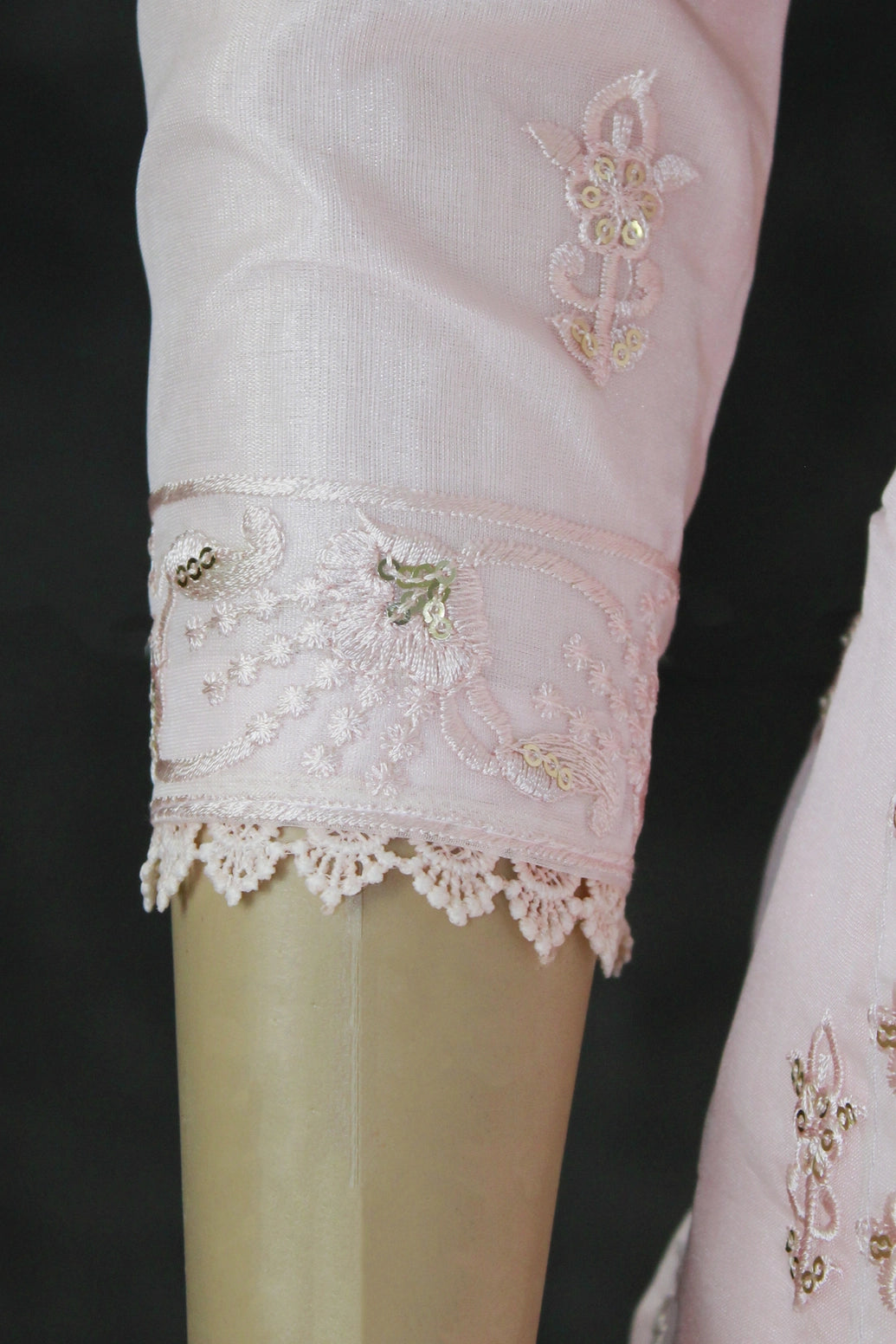 Light Pink Roman Silk 3-Piece Kurti Set with Organza Work Pant & Sequined Dupatta