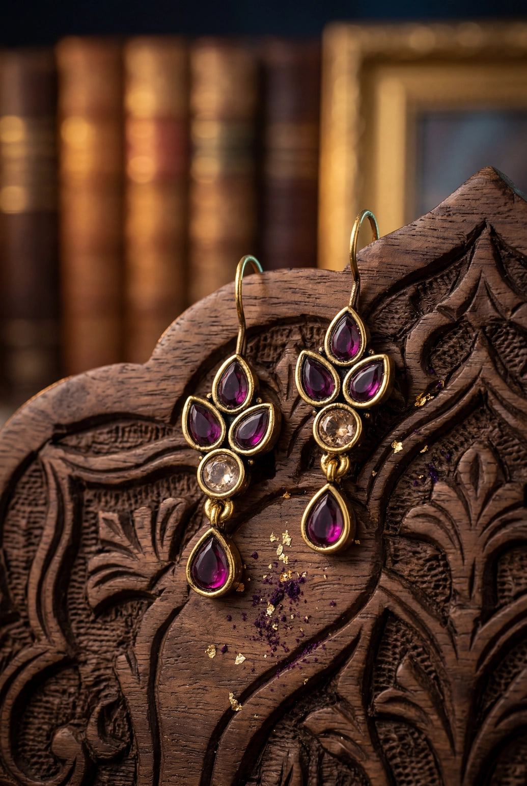 Purple Teardrop Stone Dangler Earrings with Gold-Tone Hook, Elegant Hanging Fashion Jewellery for Women