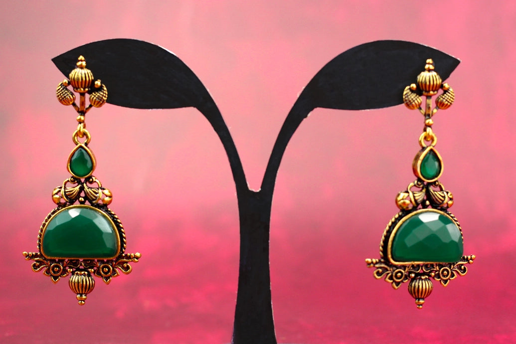 Green Half-Moon Stone Jhumka Earrings - Antique Gold-Tone Traditional Danglers, 2.6 inch Fashion Jewellery Jewelry JCS Fashions