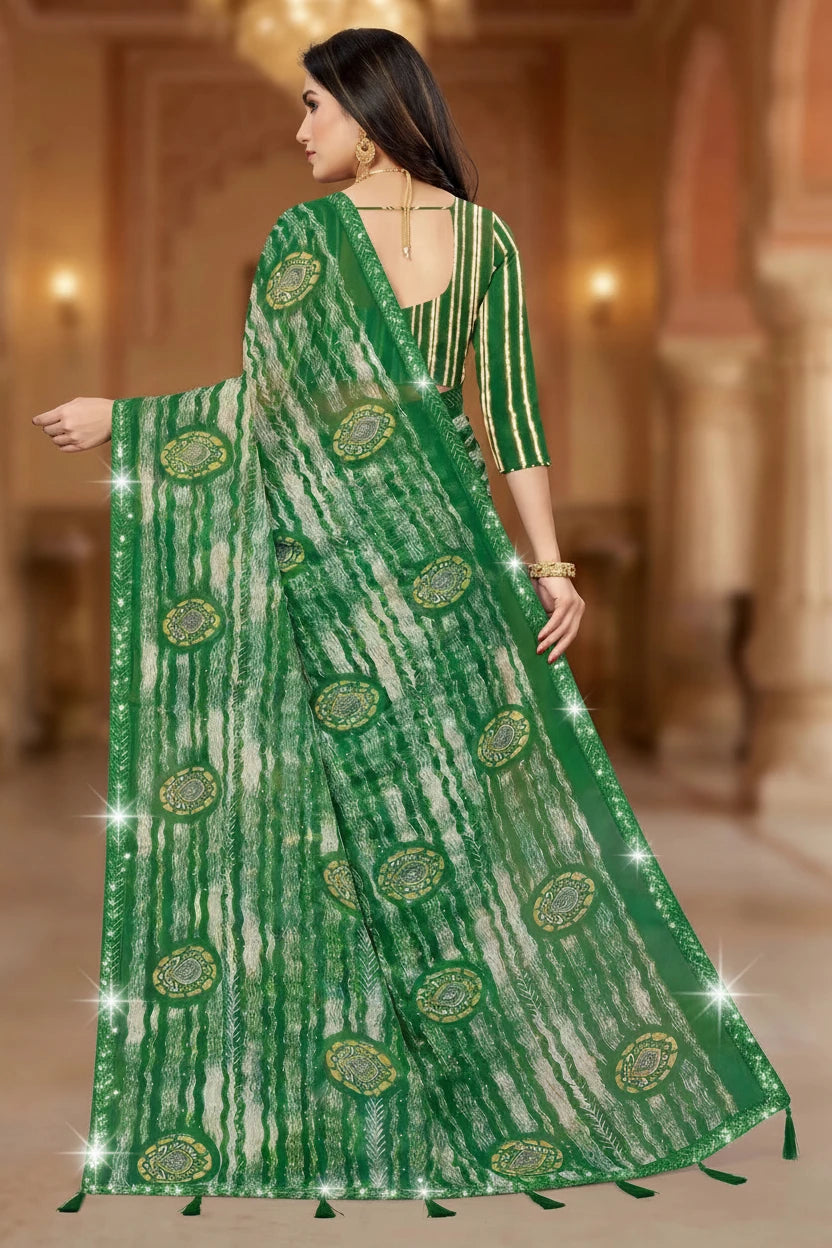 Green Georgette Saree with Contrast Border, Jasmin Zomato Print and Striped Floral Motifs