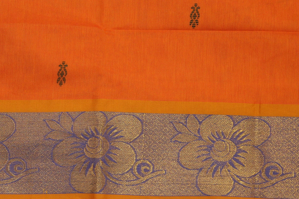 Orange Poly Cotton Saree with Zari Floral Border and Buttas Saree JCS Fashions