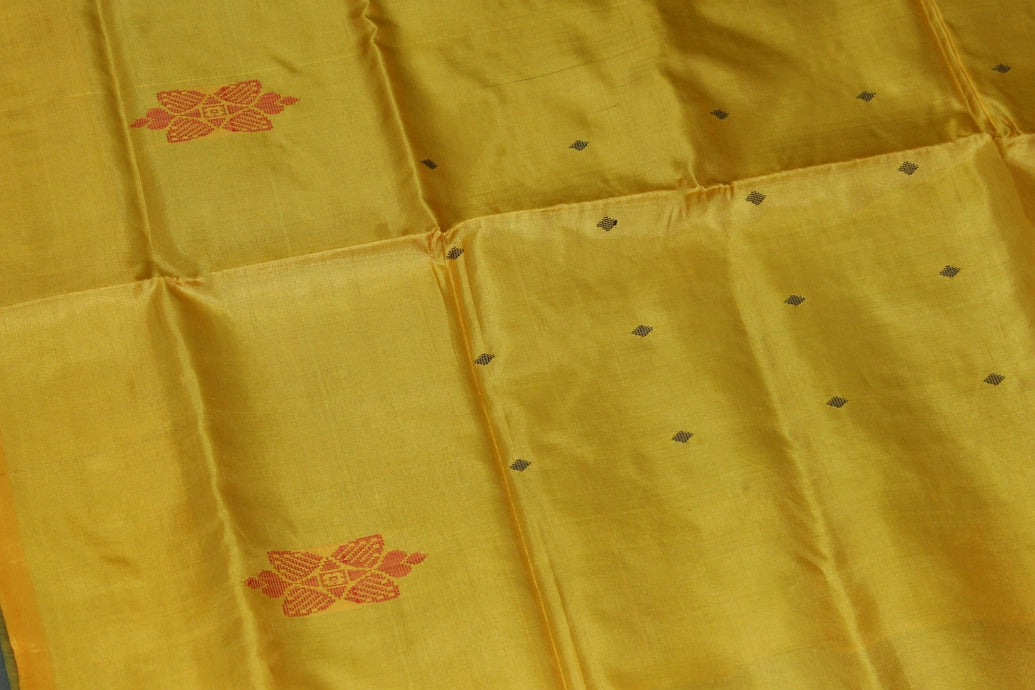 Saffron Yellow Vaazhai Naar (Banana Pith) Saree with Green Pallu and Small Butta - Borderless Traditional Saree