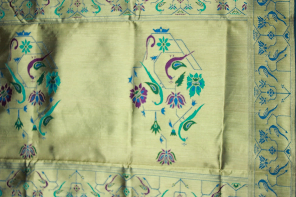 Peacock Blue Paithani Pure Silk Saree with Zari Woven Pallu & Border, Patterned Body and Butti Work