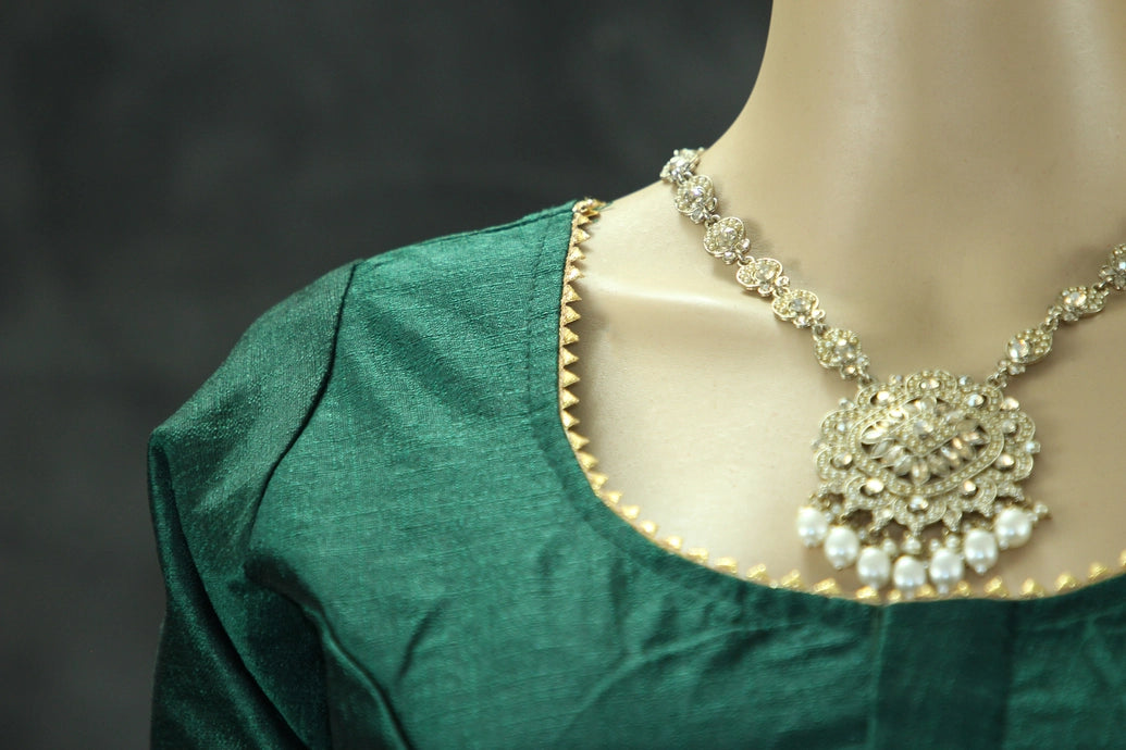 Readymade Designer Green Raw Silk Padded Blouse, Elbow Sleeves, Back Knot, Fully Stitched Blouse JCS Fashions