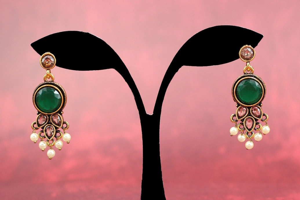 Green Antique Gold-Tone Pearl Drop Earrings with Floral Motif and White Bead Danglers – Traditional Indian Fashion Jewellery Jewelry JCS Fashions