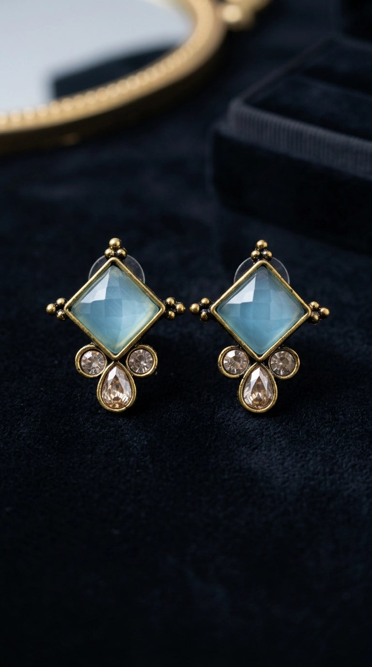 Sea Blue Square Stone Stud Earrings with Gold-Tone Frame and Crystal Drop Accents