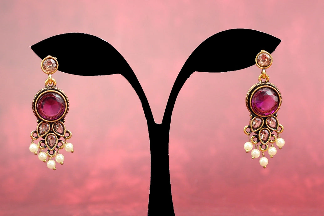 Purple Stone Pearl Drop Earrings - Gold-Tone Antique Finish Ethnic Fashion Jewellery Jewelry JCS Fashions