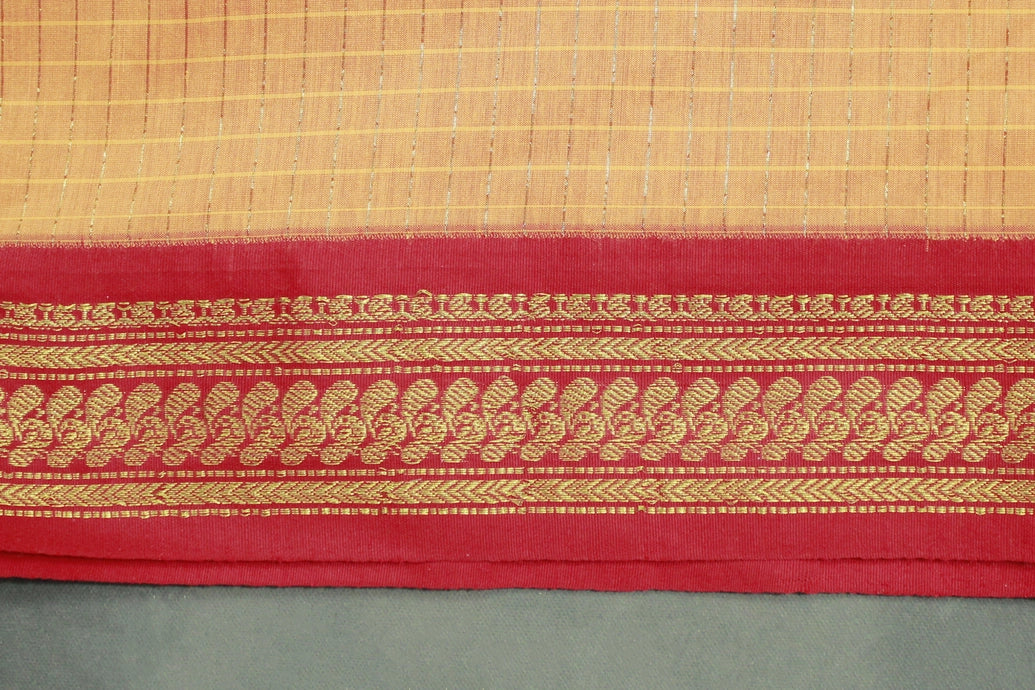 Orange Kalyani Cotton Saree with Zari Checked and Peacock Border and Blouse