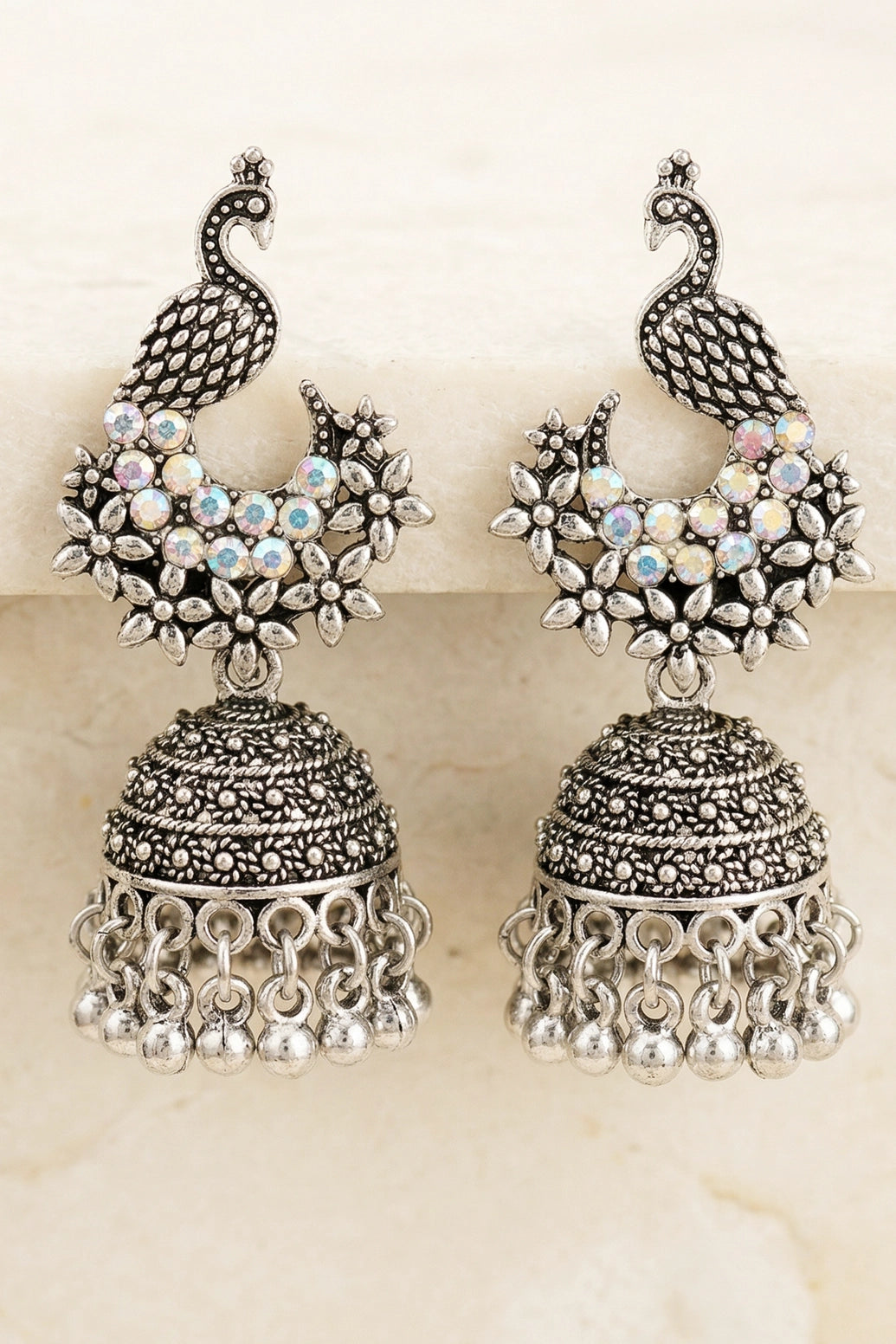 Oxidized Peacock Jhumka Earrings with Floral Stone Work, Black Silver Dangling Beads for Women