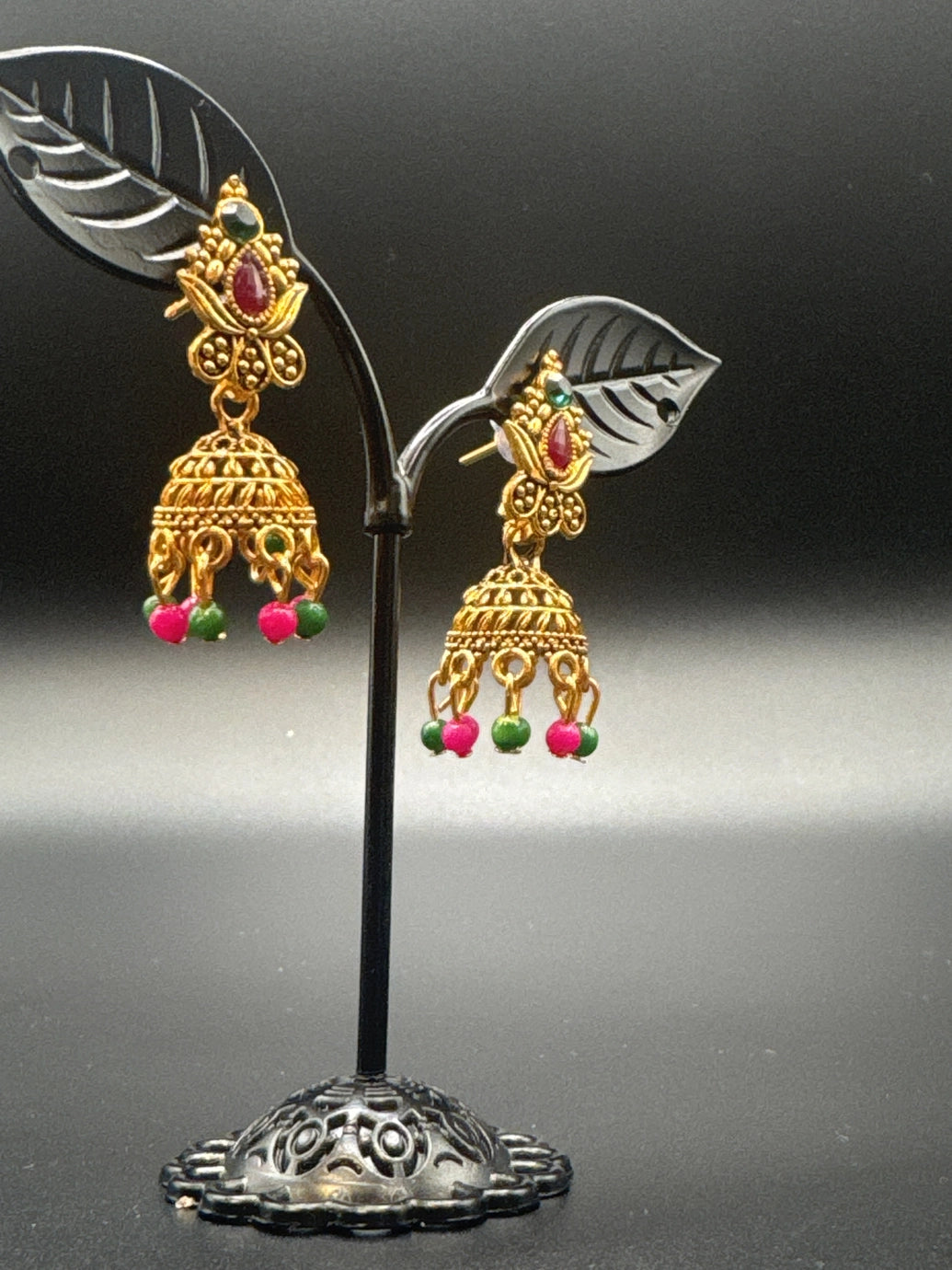 Antique-Look Lotus Jhumka Earrings for Women - Gold-Tone Traditional Jhumki with Pink & Green Beads, 1.5 inch