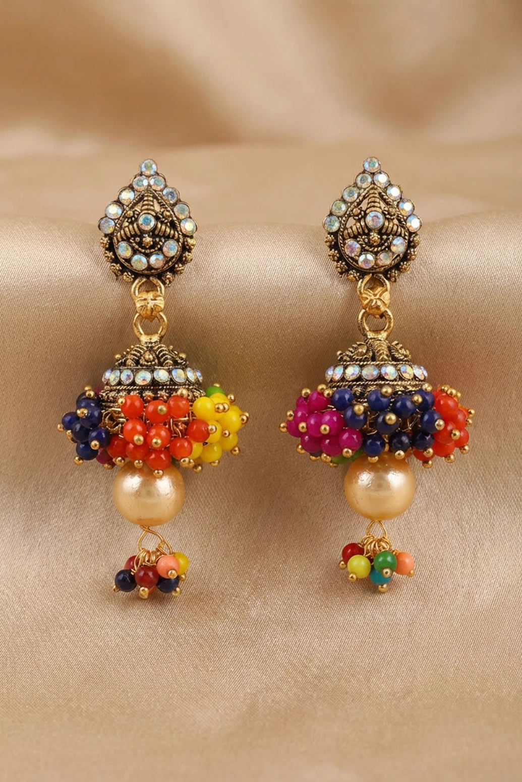 Traditional Jhumka Earrings with Dome Design, White Stone Top, Beaded Chandbaazi & Pearl Drop for Festive Wear