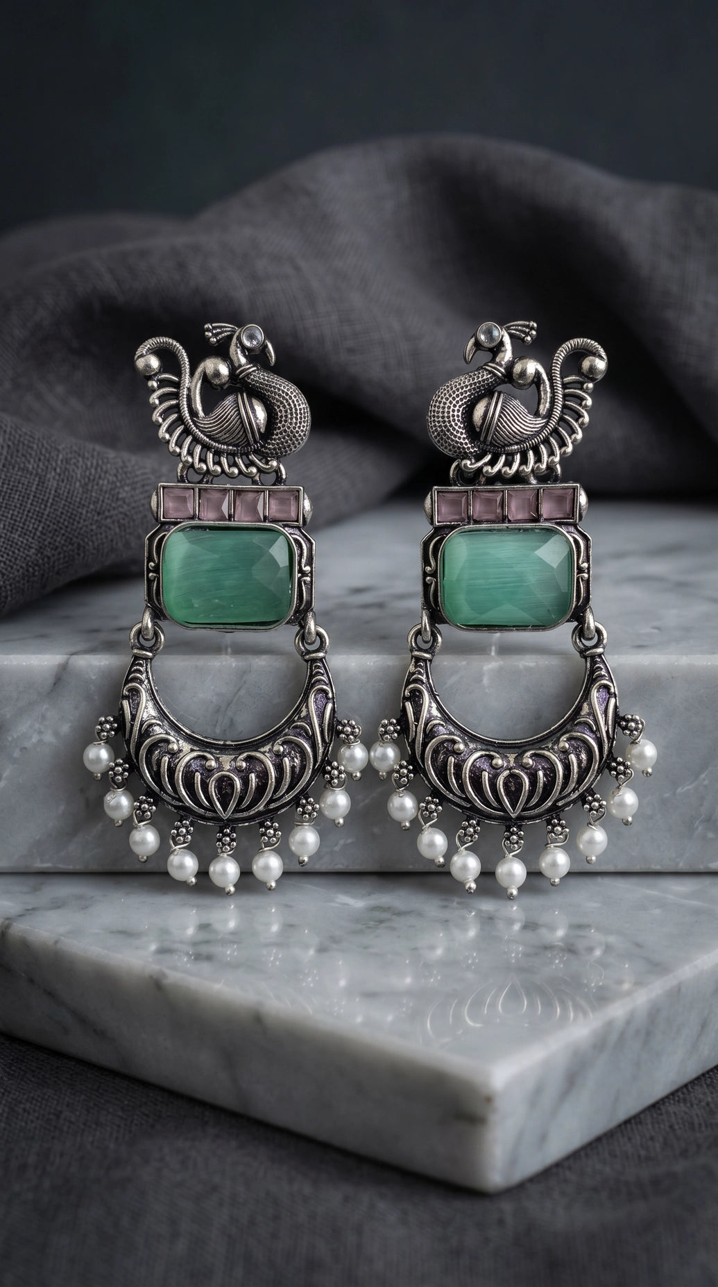 Mint Green Peacock Motif Antique Style Drop Earrings with Crystals and Pearl Drops for Women