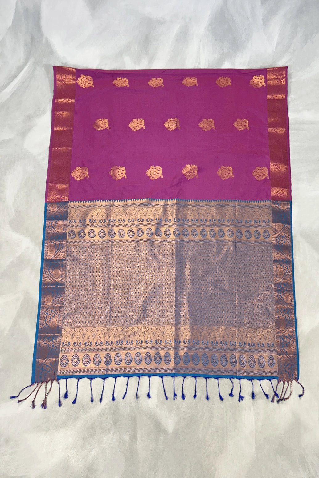 Magenta Soft Silk Saree with Contrast Border and Gold Zari Buttas, Traditional Floral Zari Border and Blouse