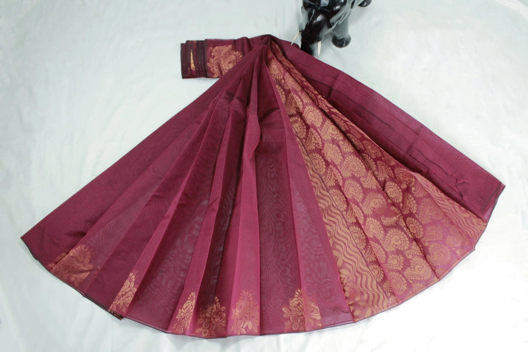 Maroon Silk Cotton Saree with Zari Border, Borderless Design and Matching Blouse