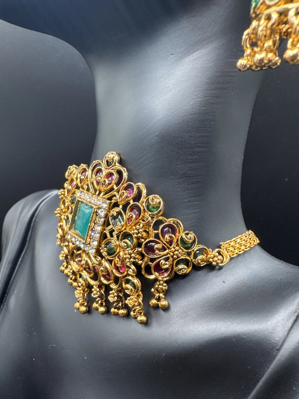 Gold-Tone Pink & Green Choker Necklace Set with Multicolor Stones, Crystal Accents and Matching Jumka Earrings Jewelry JCS Fashions