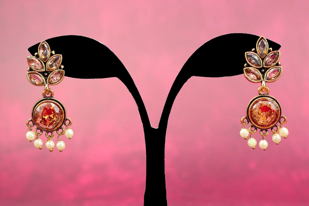Gold-Tone Leaf Drop Earrings with Pearls, Clear Crystals and Amber Centre Jewelry JCS Fashions