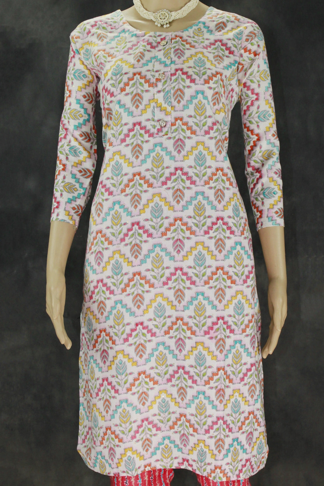 Cotton Printed Kurta Set – Cream Multicolor Kurti with Red Elastic Pants