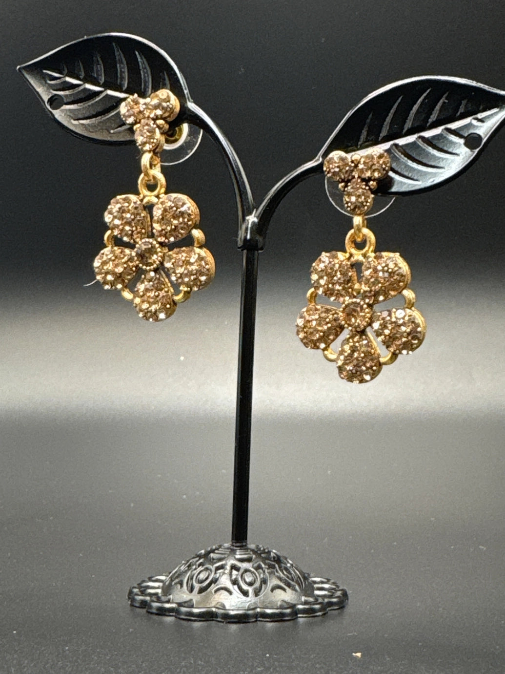 Antique Floral Gold-Tone Dangler Earrings with Stone Detailing - 1.5 inch