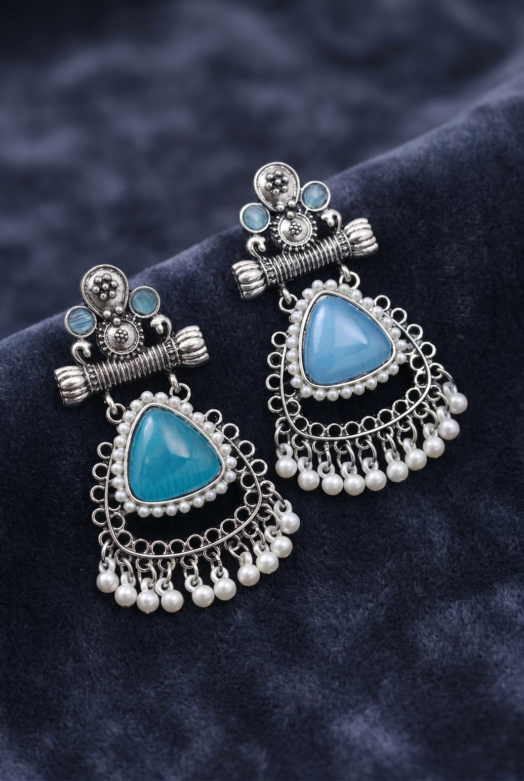 Sea Blue Teardrop Stone Oxidized Silver-Tone Pearl Drop Earrings for Traditional Festive Wear
