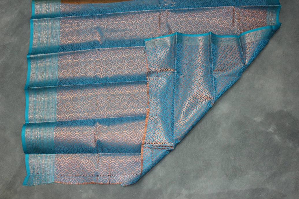 Bridal Kubera Pattu Saree Mehendi Green with Teal Blue Zari Border - Full Body Zari Work Saree JCS Fashions