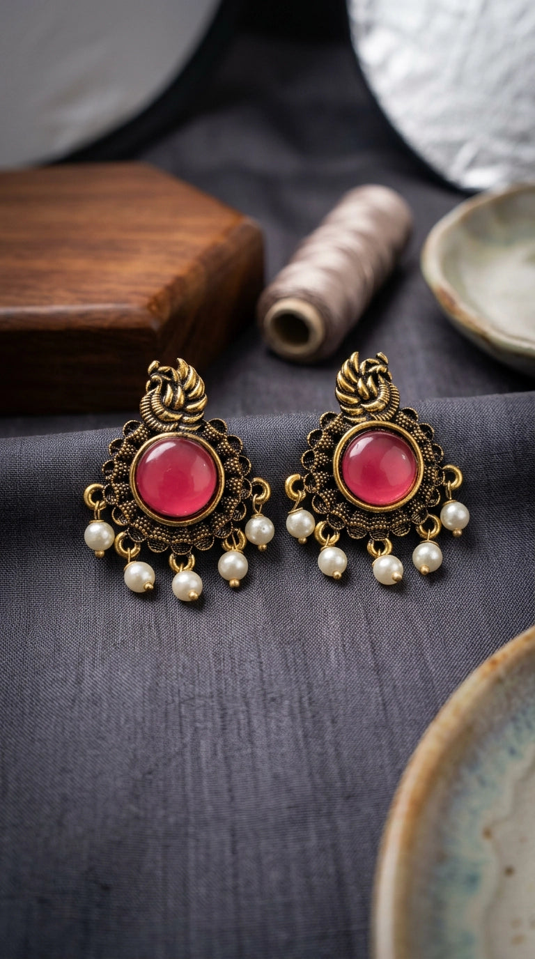 Red Stone & Pearl Drop Antique Gold-Tone Statement Earrings for Women, Traditional Ethnic Jhumka Style