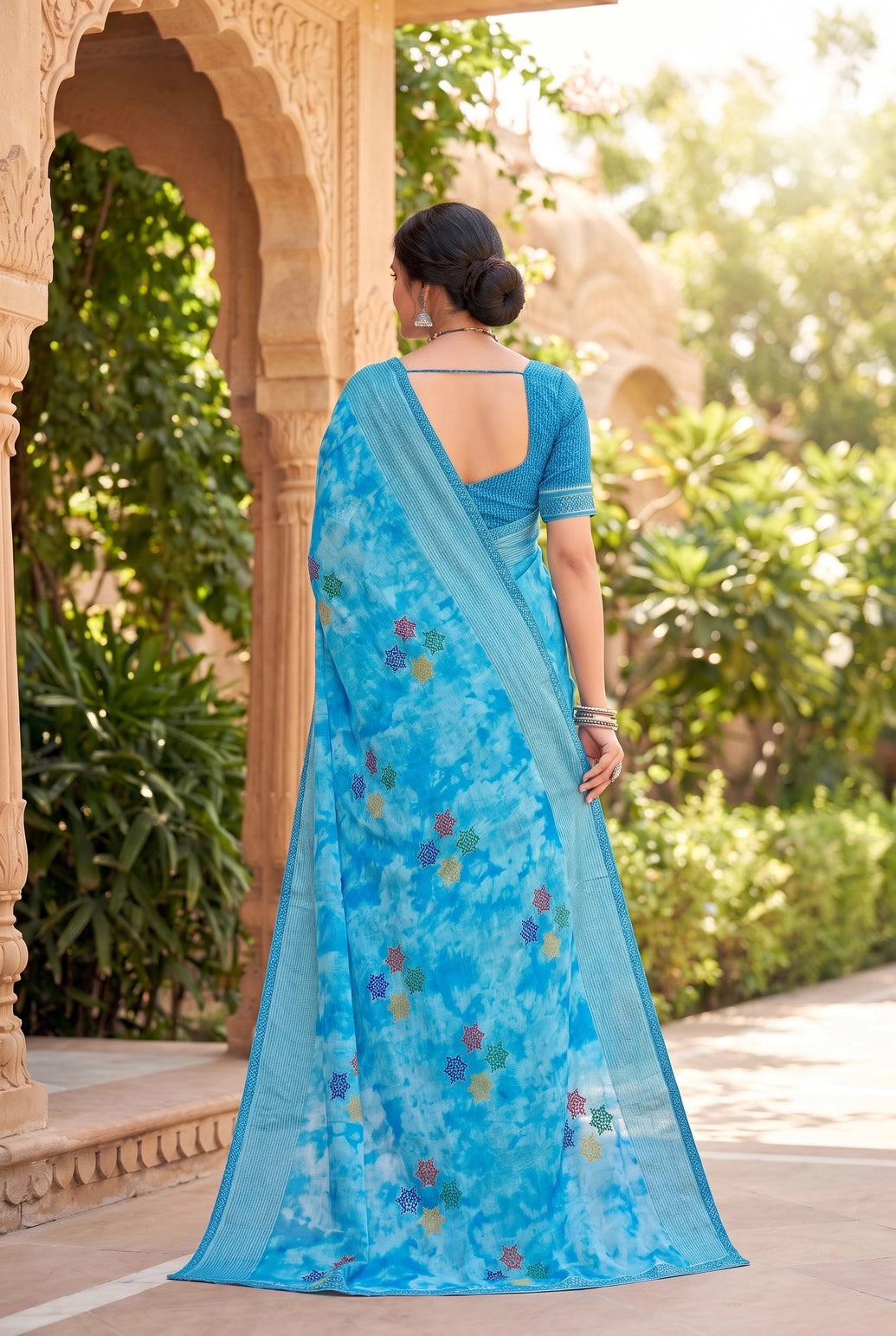 Sky Blue Chiffon Saree with Tie-Dye Print and Star Motifs, Shimmering Striped Border with Blouse