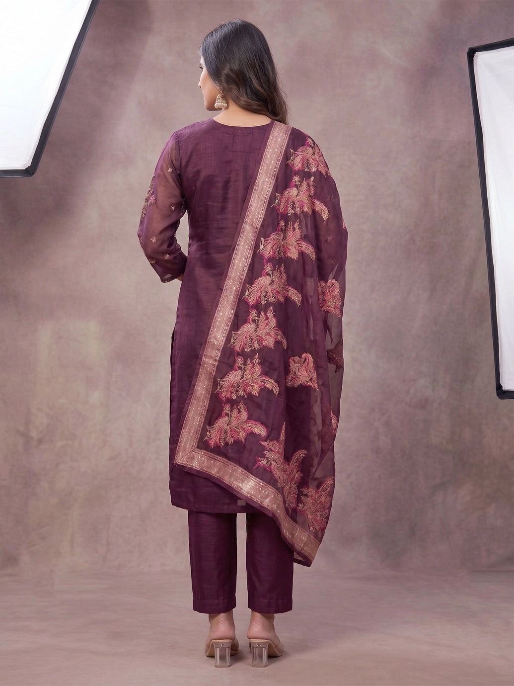 Purple Jacquard Bead Work Kurti Pant Set with Elastic & Dupatta for Women