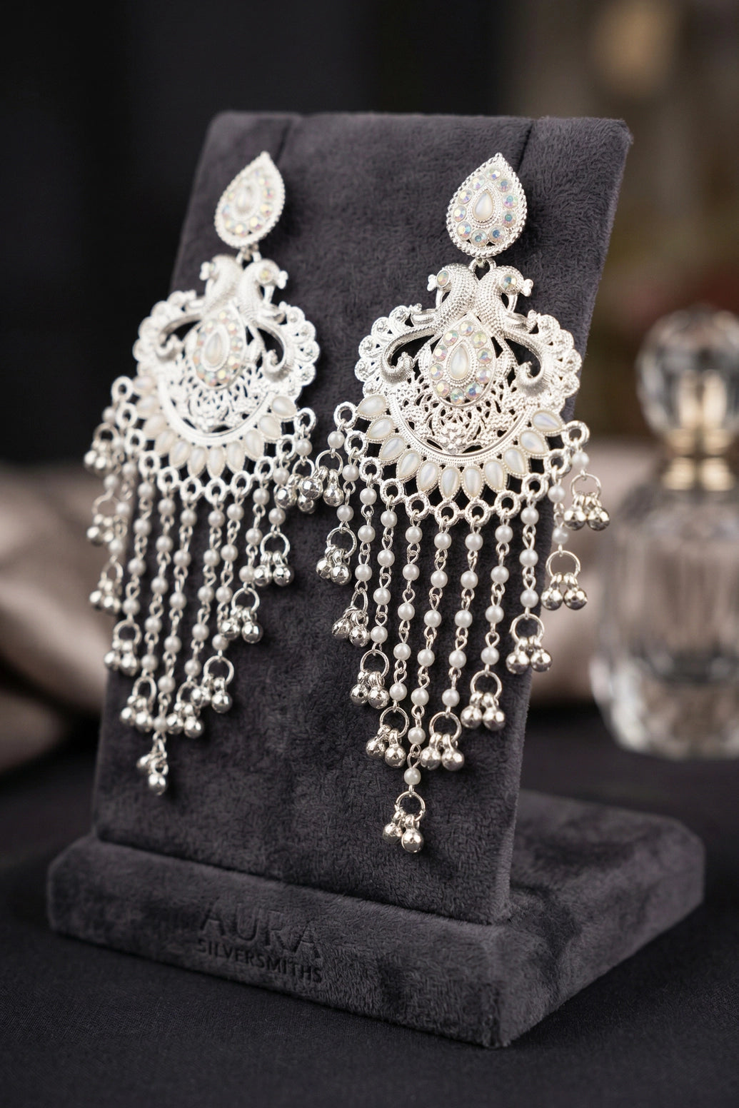 Oxidised Silver Chandelier Filigree Earrings with Pearl Drop Beads for Festive Ethnic Wear