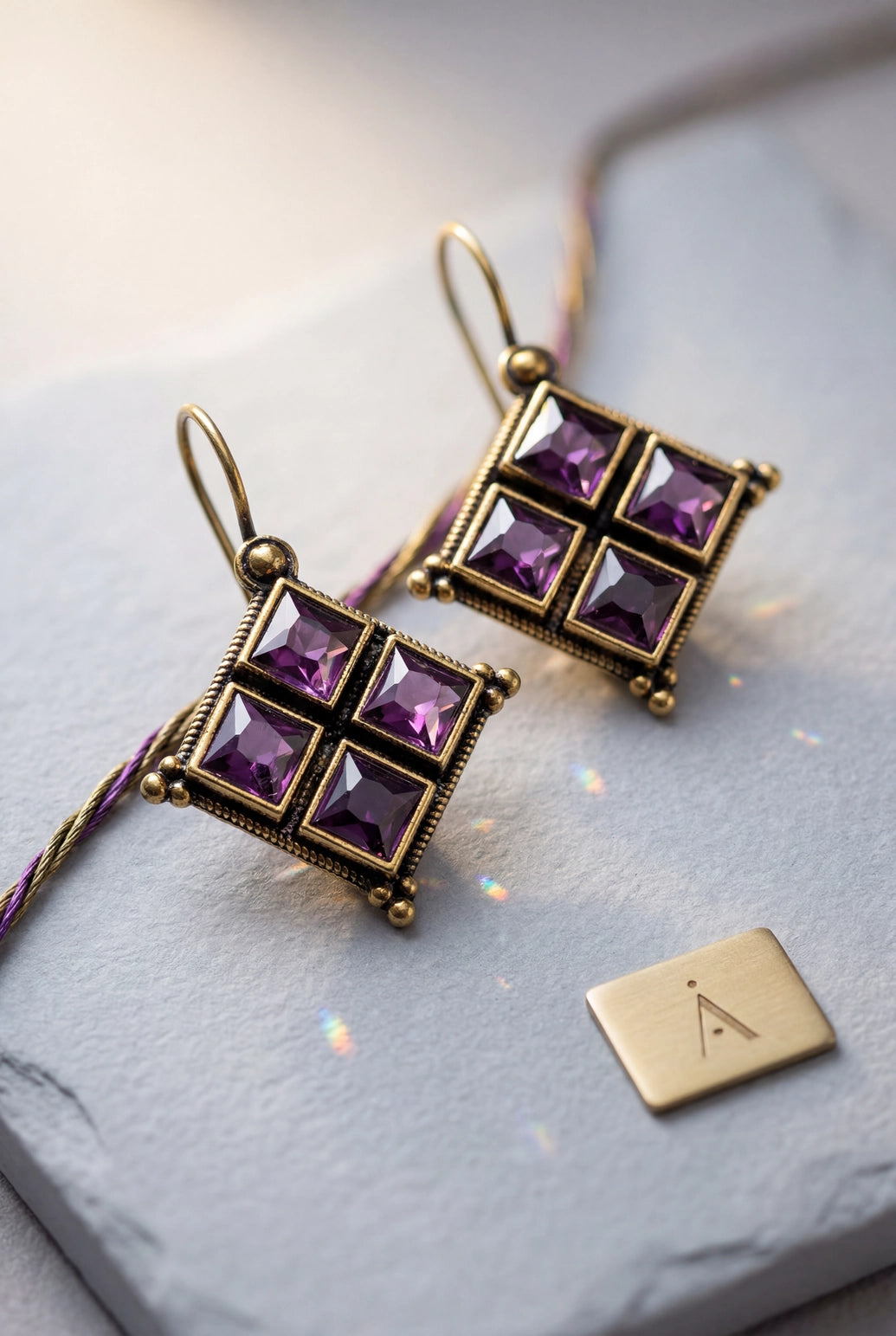 Purple Stone Gold-Tone Square Drop Hook Earrings for Women, Modern Elegant Fashion Jewellery
