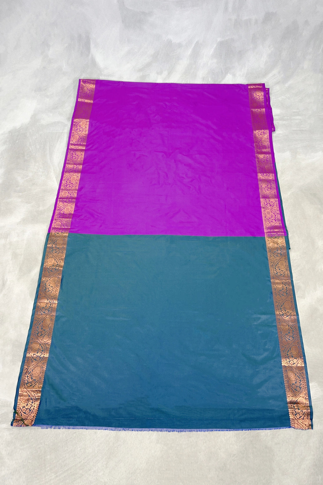 Purple Korvai Soft Silk Saree with Delicate Gold Zari Buttas and Floral Border Blouse