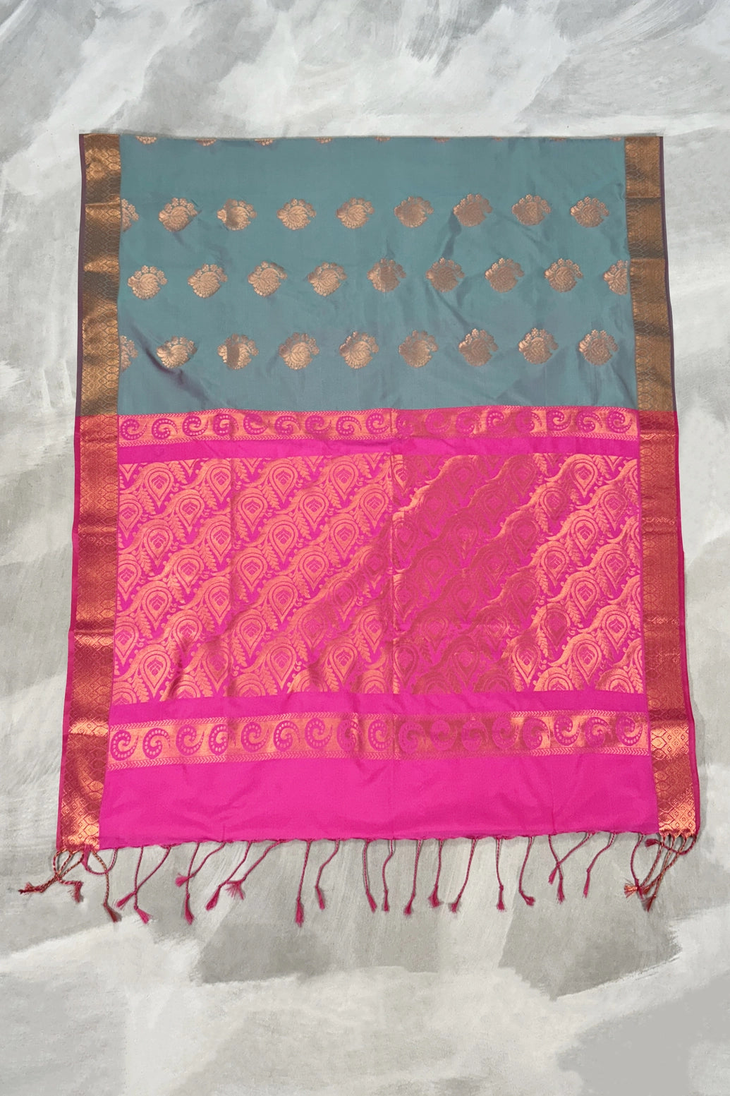 Soft Silk Saree in Grey with Contrast Pink Border, Gold Zari Buttas & Traditional Floral Weave