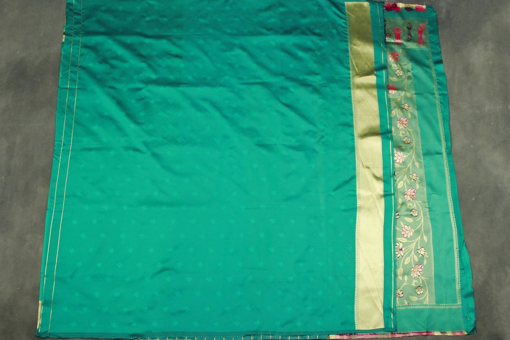 Green Paithani Silk Saree with Floral Pallu Design and Border, Small Butti All-Over, Comes with Blouse