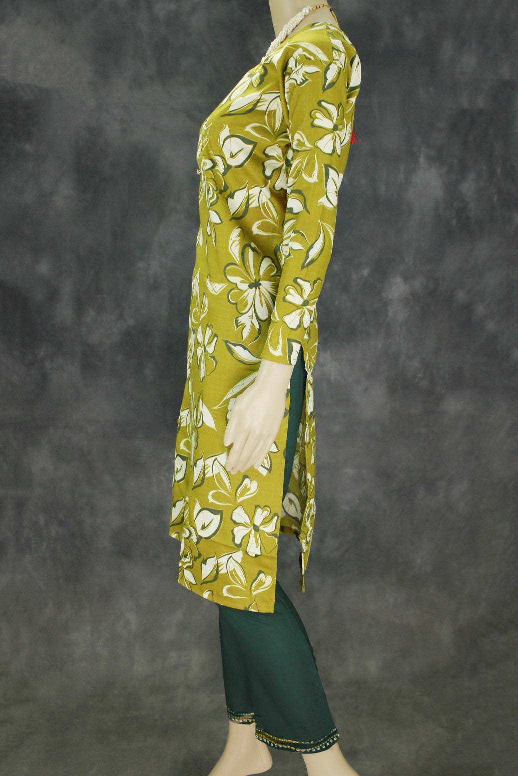 Olive Green Cotton Kurta Set with Floral Print
