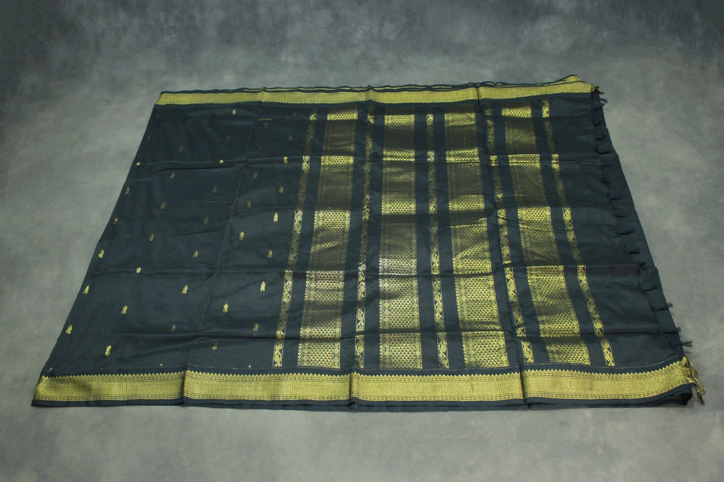 Black Kalyani Cotton Saree with Putta Design and Zari Border, Blouse Included