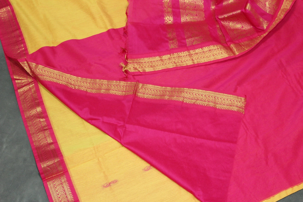 Silk Cotton Yellow & Pink Saree with Grand Pallu and Thick Zari Border