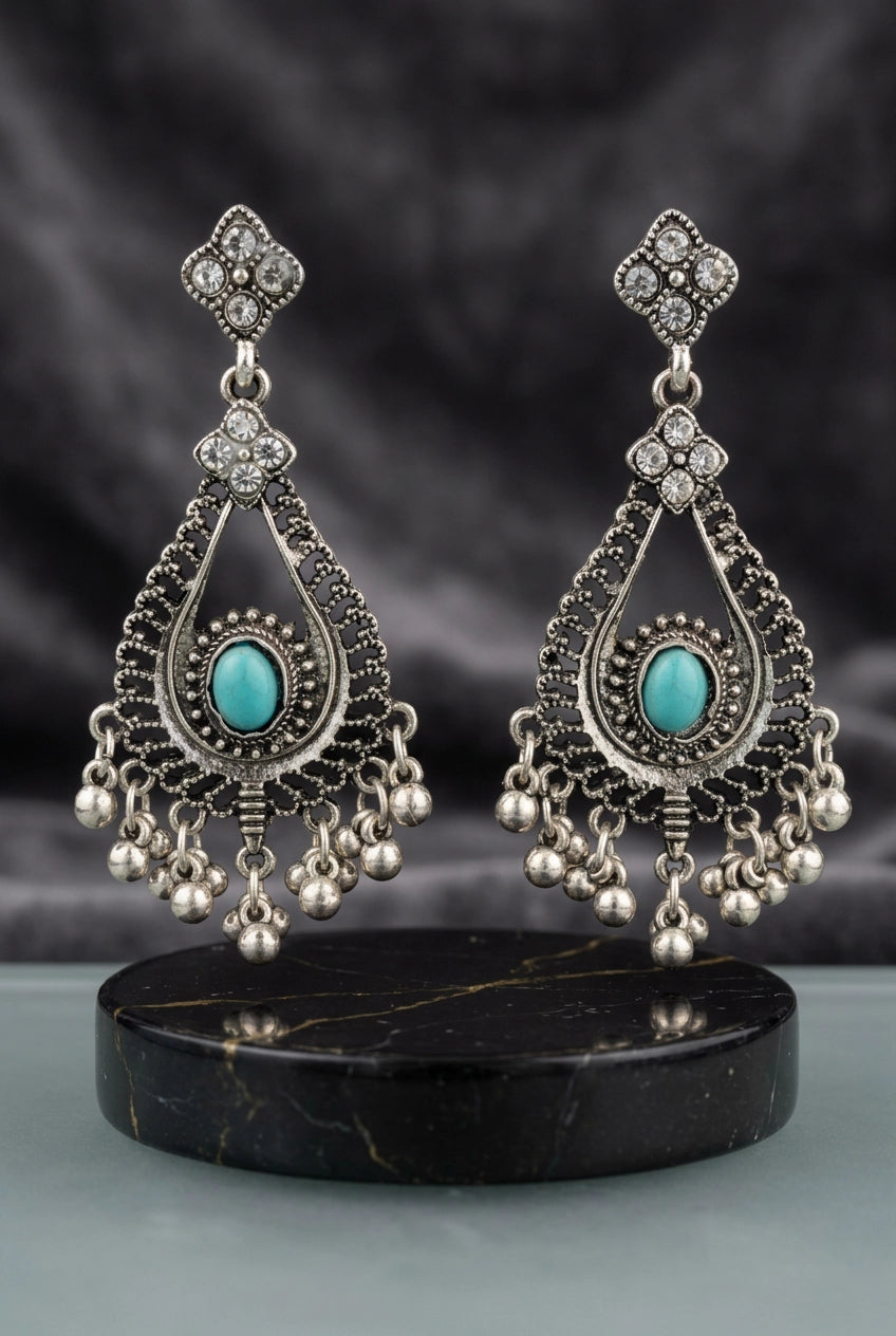 Oxidized Silver Blue Stone Drop Earrings with Beaded Dangles and Tiny Charms for Women