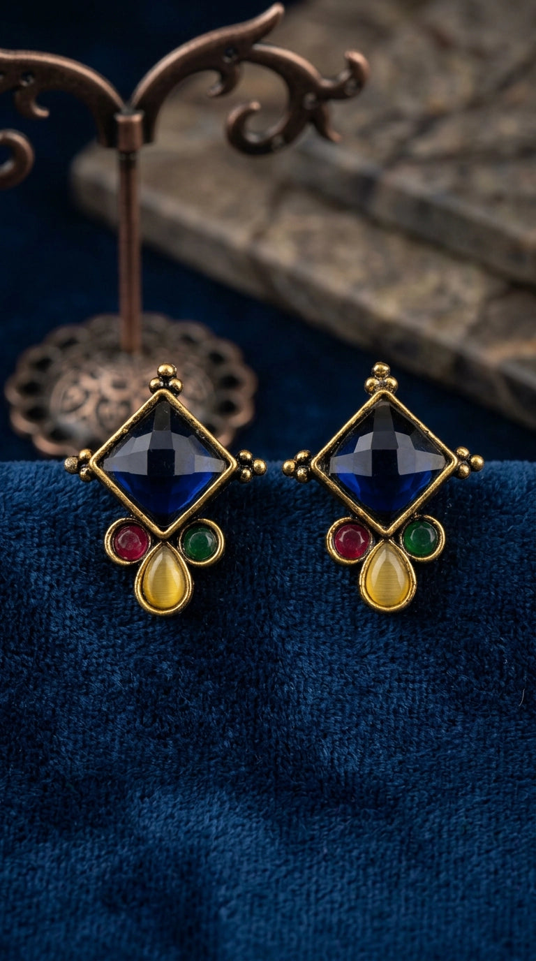 Navy Blue & Multi Colour Stone Stud Drop Earrings with Gold-Tone Ethnic Design