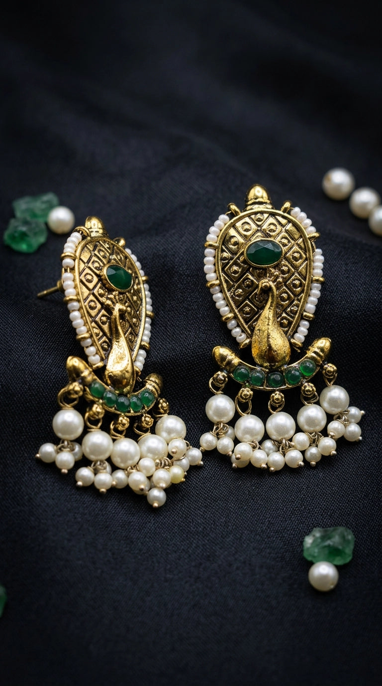 Green Traditional Antique Gold-Tone Statement Earrings with Oval Stone, Beads & Pearl Tassel Hangings
