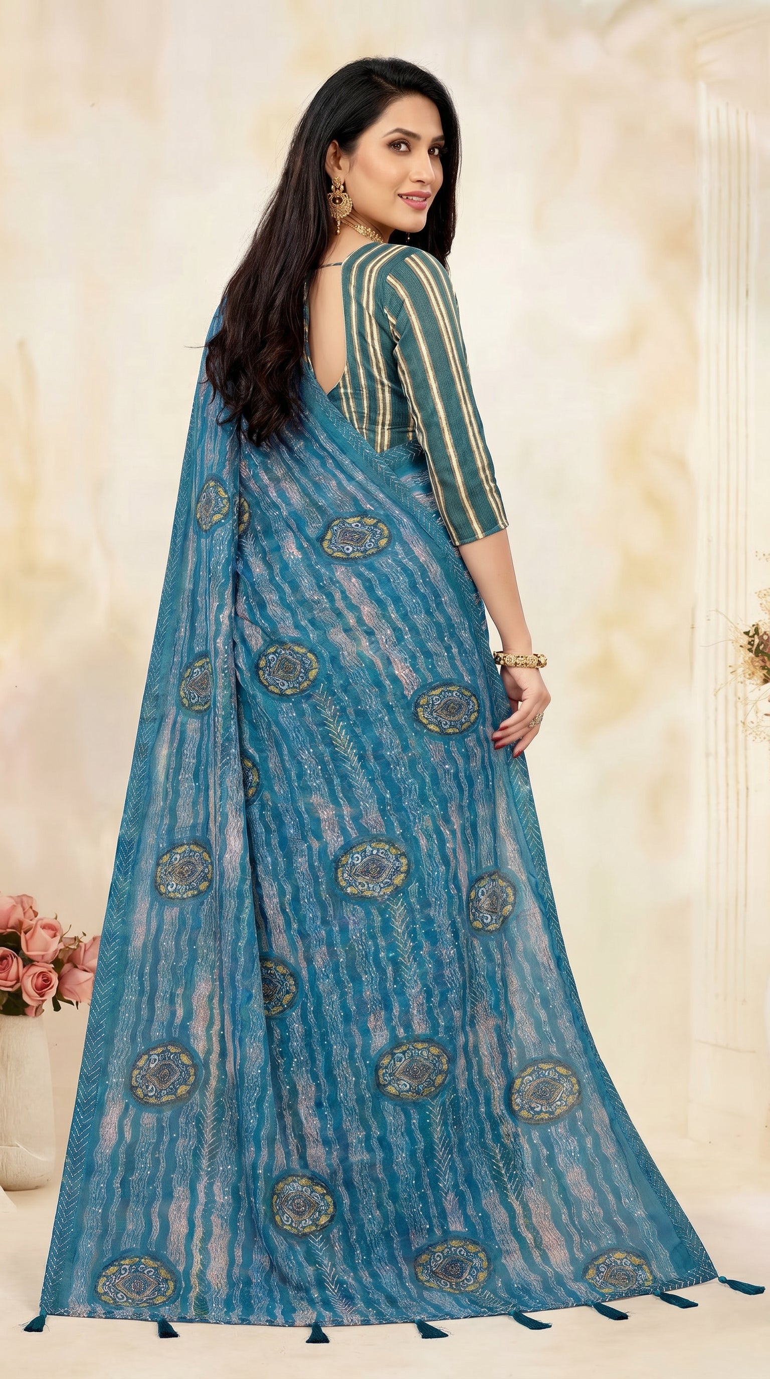 Sky Blue Georgette Saree with Contrast Border and Printed Striped Floral Motifs