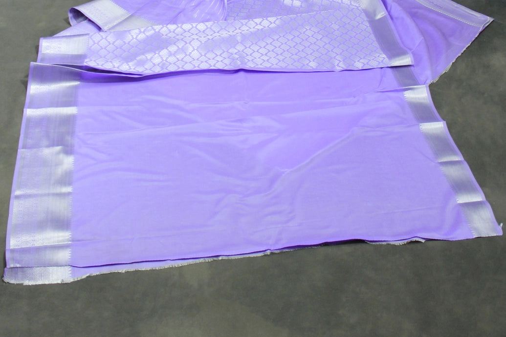 Lavender Bridal Vaira Oosi Soft Silk Saree with Silver Zari Border and Blouse
