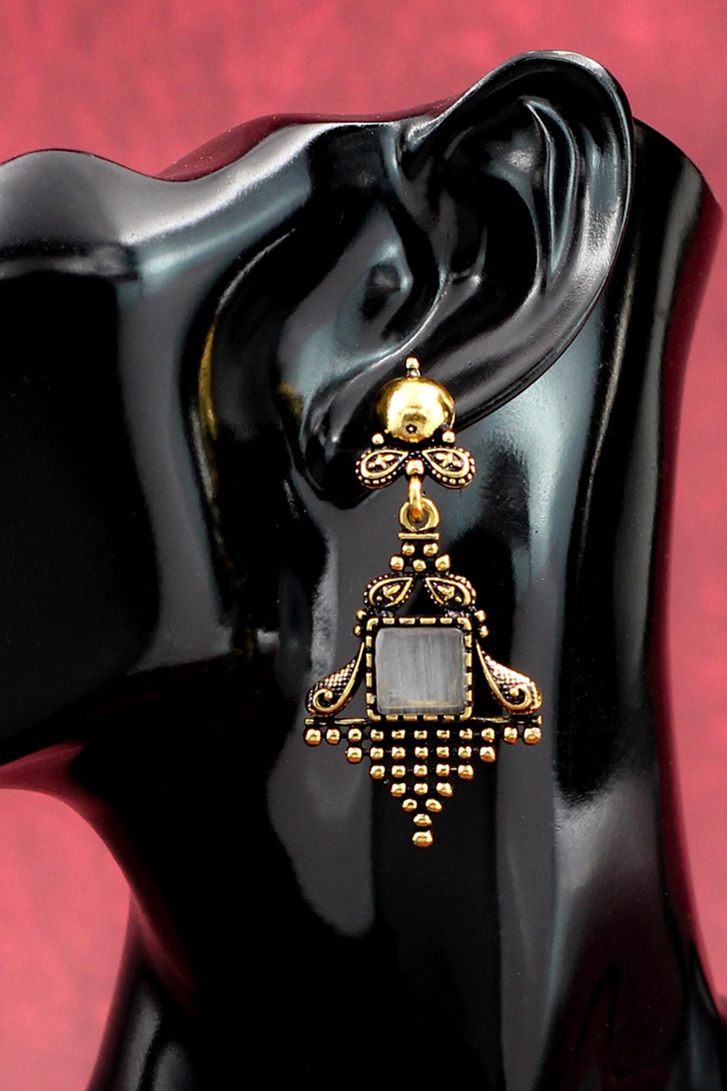 Antique Gold-Tone Dangling Ethnic Earrings with Grey Stone — Ornate Square Frame, 2.4 inch Jewelry JCS Fashions