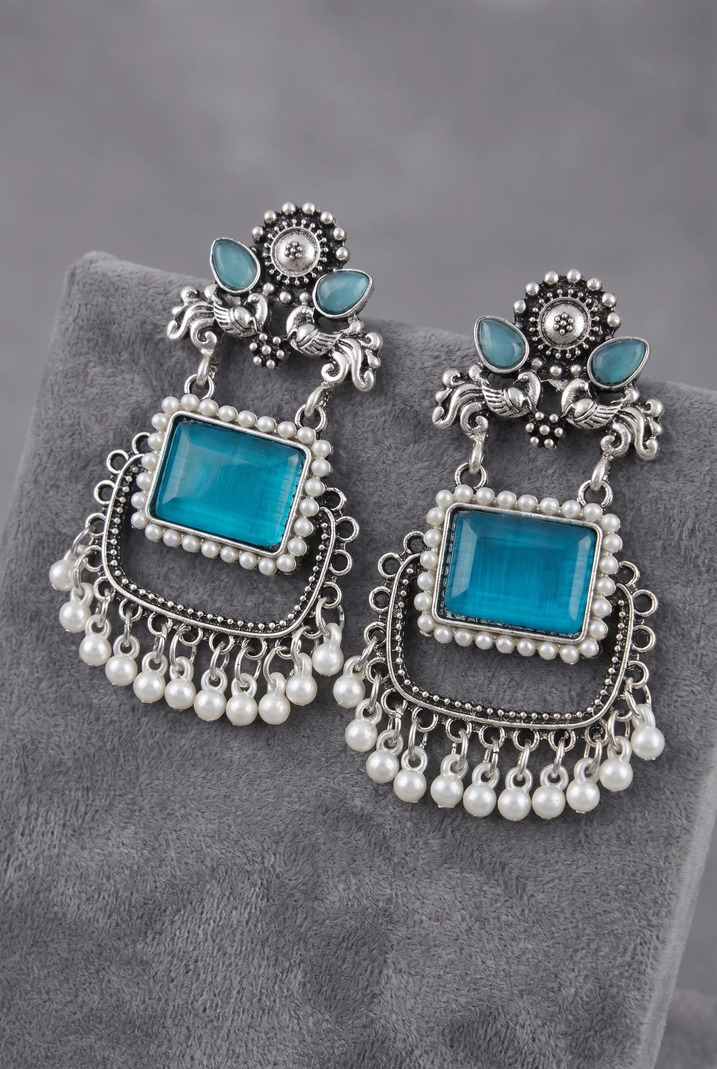 Sea Blue Oxidized Silver-Tone Teardrop Drop Earrings with Floral Motifs, Pearl Beads and Dangler Stone