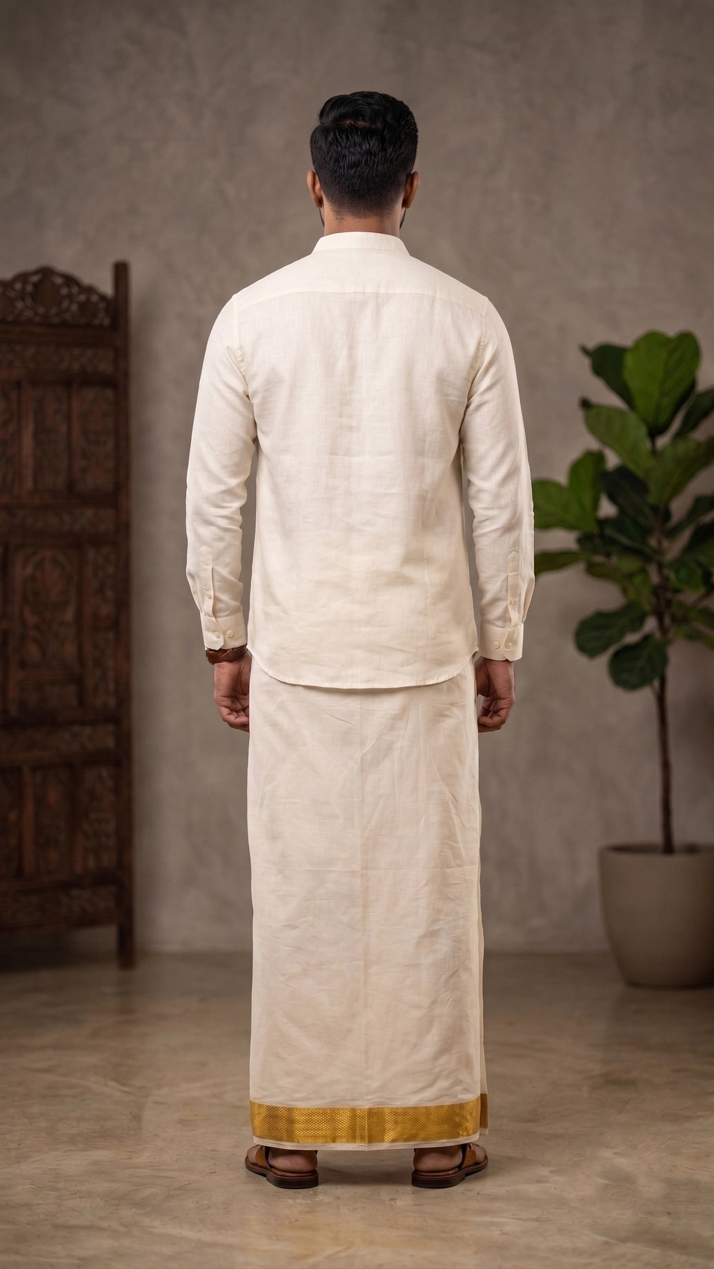 Men Off-White Cotton Dhoti with Gold Zari Border, Traditional 2 Metre Single Veshti
