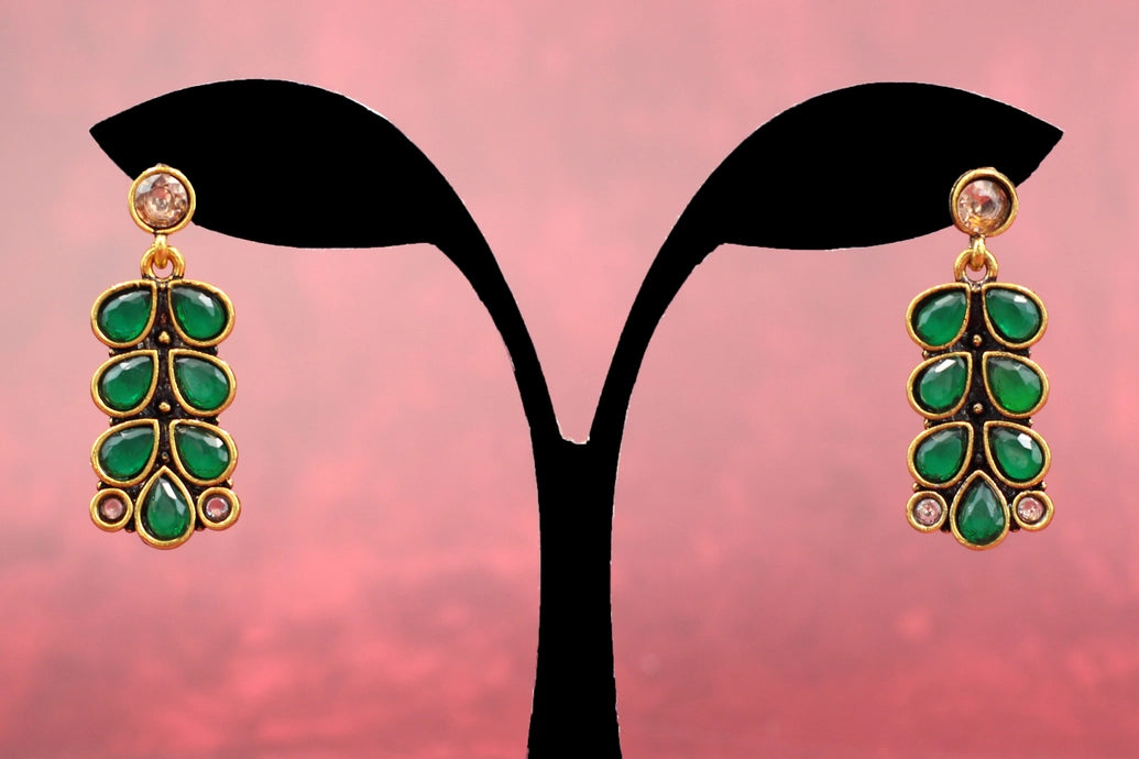 Antique Gold-Tone Green Teardrop Leaf Earrings — Traditional Ethnic Festive Fashion Jewellery Jewelry JCS Fashions