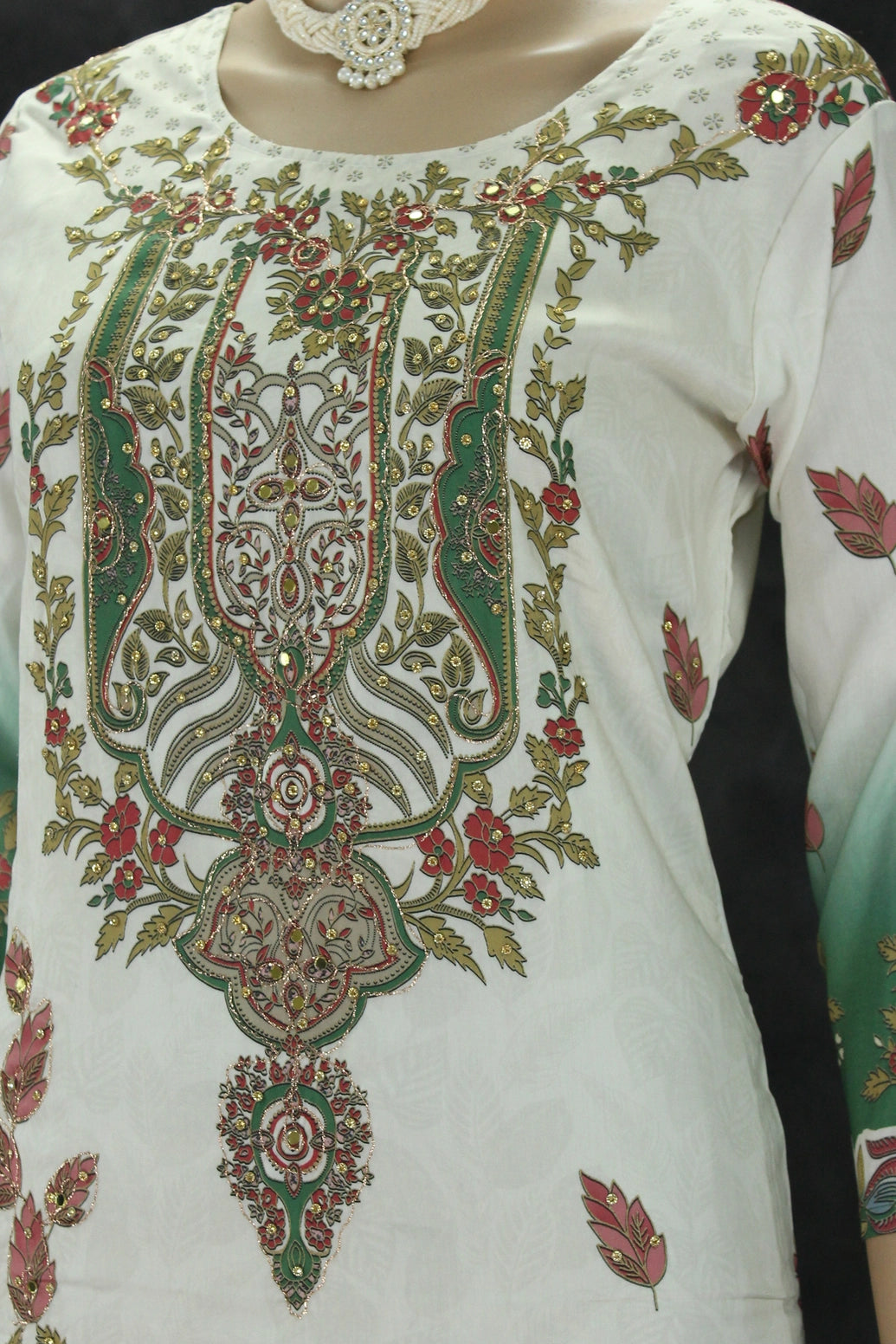 Cream & Green Designer Crepe 3-Piece Salwar Suit with Stone & Mirror Work and Gold-Tone Coin Hangings