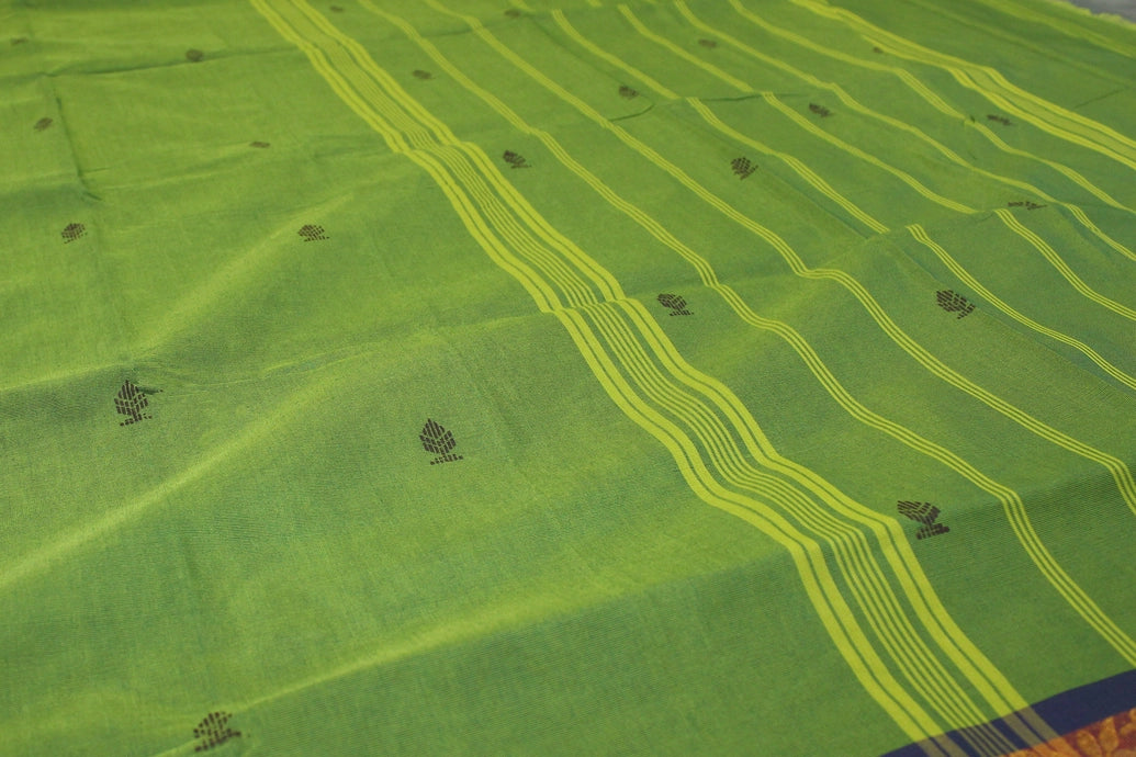 Green Poly-Cotton Butta Saree with Zari Peacock Border and Line Pallu Saree JCS Fashions